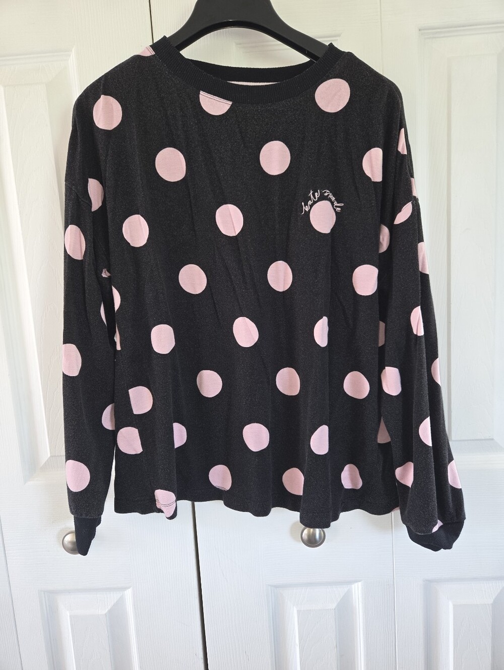 Womens Kate Spade Black Long-Sleeve Pajama Top with Pink Polka Dots Sz Md